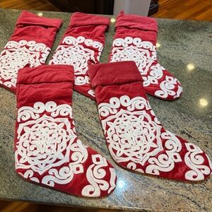 Pottery Barn Red Velvet Christmas Stockings Embroidered Medallion Crewell Scroll